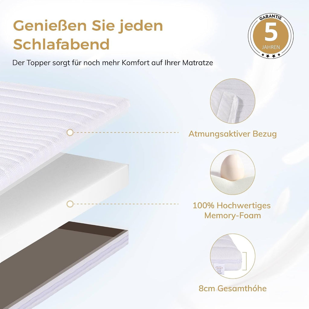 EGOHOME Memory Foam Matratzentopper, Topper 8cm Höhe, H2 Matratzenauflage