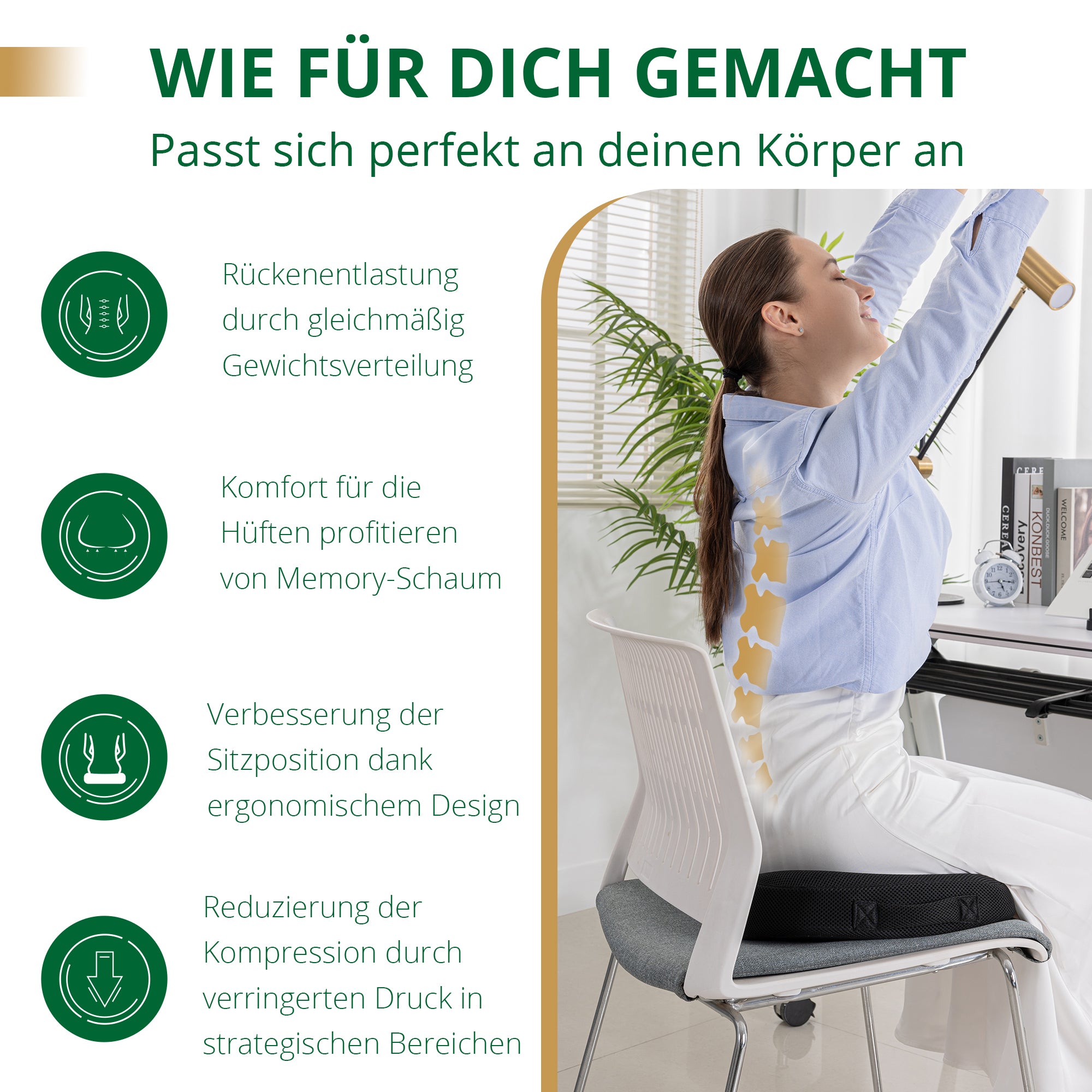 EGO Home Sitzkissen Charcoal Memory Foam, Bürostuhlkissen, Memory-Schaum Schreibtischstuhl Kissen, Rutschfestes Sitzpolster für Gaming, Autositzkissen, Computerstuhlkissen, Rollstuhl