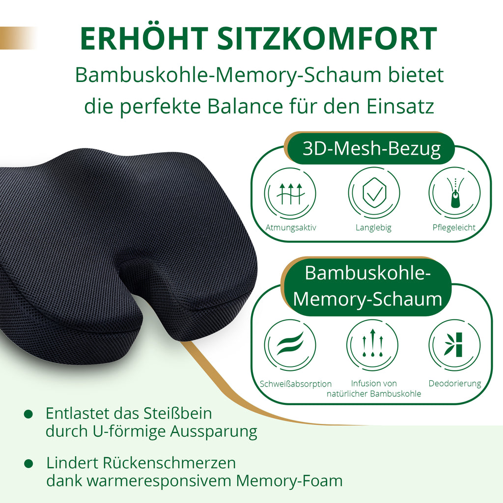 EGO Home Sitzkissen Charcoal Memory Foam, Bürostuhlkissen, Memory-Schaum Schreibtischstuhl Kissen, Rutschfestes Sitzpolster für Gaming, Autositzkissen, Computerstuhlkissen, Rollstuhl