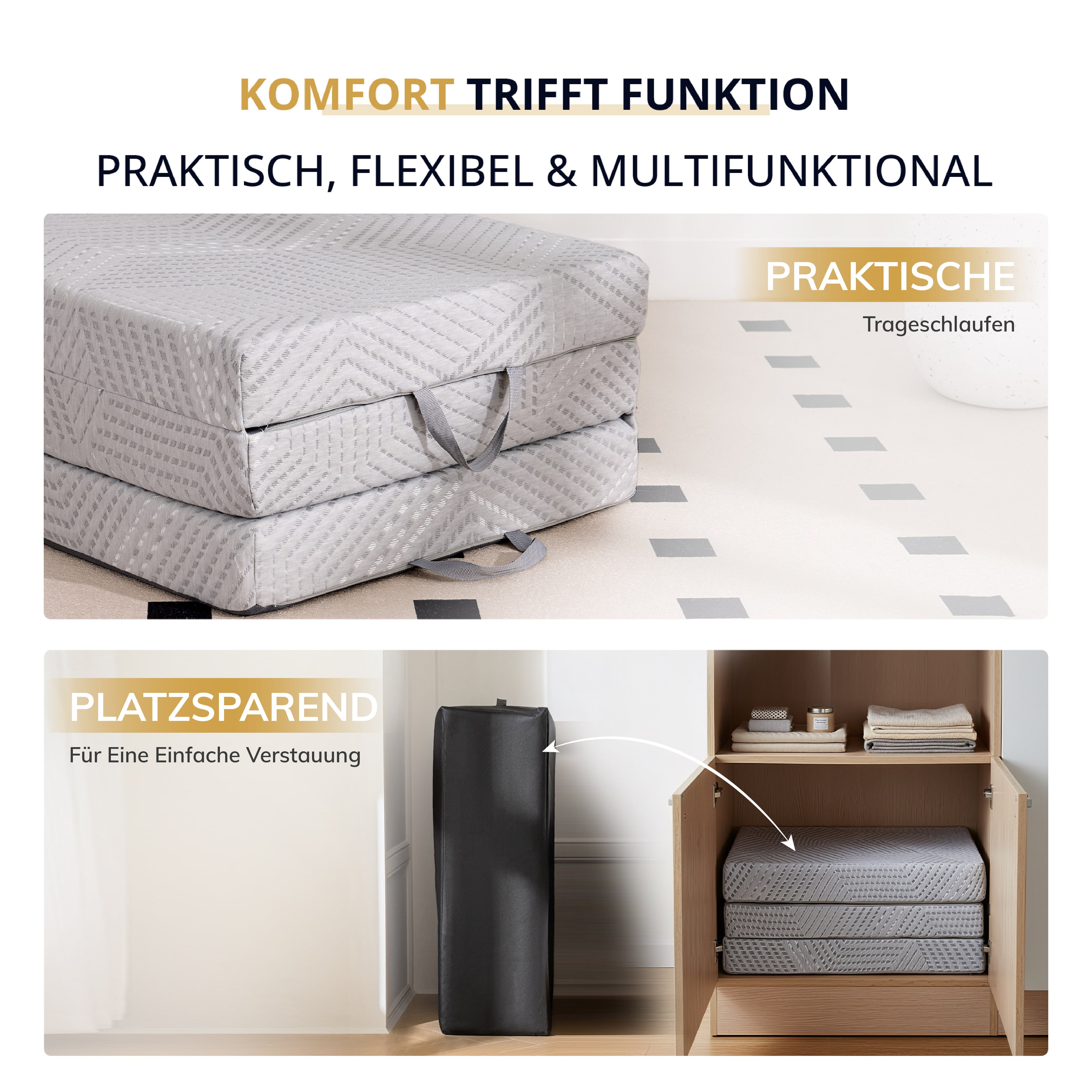 EGOHOME Klappmatratze  Hoch 10 cm Gästematratze Klappbar, Härtegrade H3 Faltbare Matratze, Reisematratze, 3-Teilige Visco Gel Schaumstoff Faltmatratze für Reisen, Camping, Boden, Gästebet