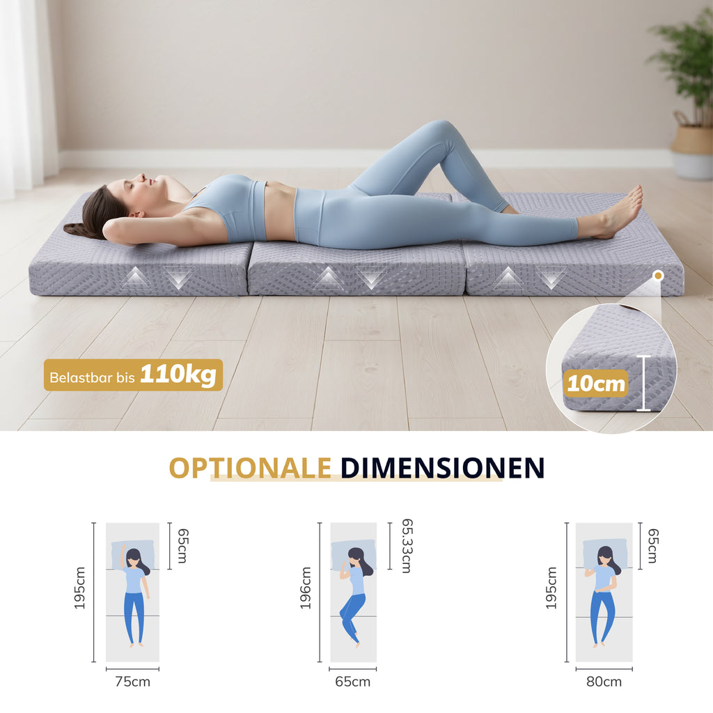 EGOHOME Klappmatratze  Hoch 10 cm Gästematratze Klappbar, Härtegrade H3 Faltbare Matratze, Reisematratze, 3-Teilige Visco Gel Schaumstoff Faltmatratze für Reisen, Camping, Boden, Gästebet