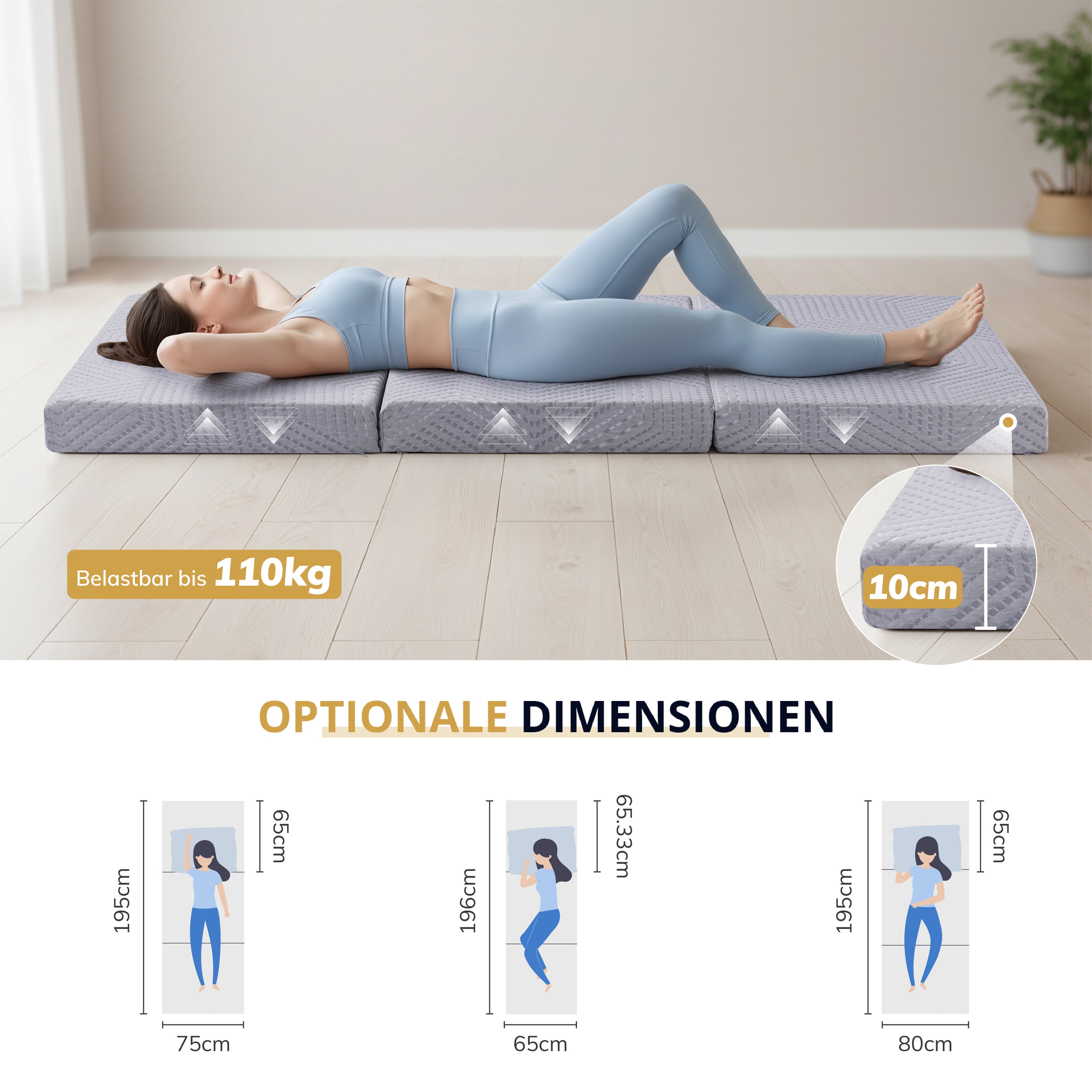 EGOHOME Klappmatratze  Hoch 10 cm Gästematratze Klappbar, Härtegrade H3 Faltbare Matratze, Reisematratze, 3-Teilige Visco Gel Schaumstoff Faltmatratze für Reisen, Camping, Boden, Gästebet